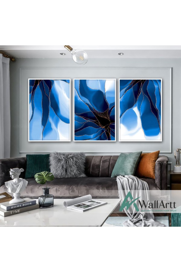 Abstract Navy Flower 3 Piece Textured Partial Oil Painting